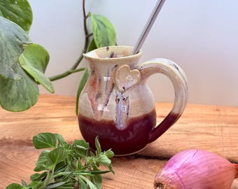 8oz Handmade Ceramic Salad Dressing Bottle with Whisk, Pottery Pourer, Oil Cruet, Unique Kitchen Gift, Heart Detail