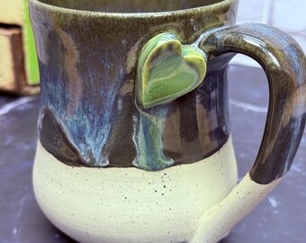 14oz Handmade Ceramic Mug Wheel Thrown & Hand Carved Coffee Tea Cup - Sustainable HT Pottery Studio Gift