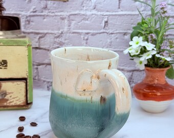 14oz Handmade Ceramic Mug Wheel Thrown & Hand Carved Coffee Tea Cup - Sustainable HT Pottery Studio Gift For Her