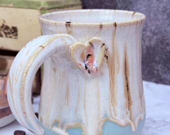 14oz LEFTY Handmade Ceramic Mug Wheel Thrown & Hand Carved Coffee Tea Cup - Sustainable HT Pottery Studio Gift