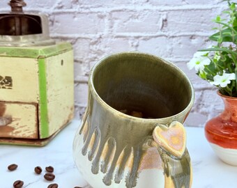 14oz "Café Olive" Handmade Ceramic Mug Wheel Thrown & Hand Glazed Coffee Teacup - Sustainable HT Pottery Studio Gift for Her