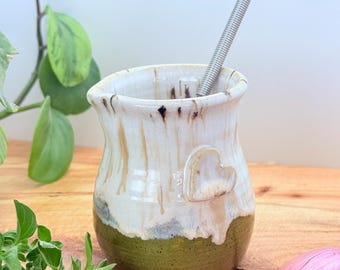 10 oz Handmade Ceramic Salad Dressing Bottle with Whisk, Pottery Pourer, Oil Cruet, Unique Kitchen Gift, Heart Detail