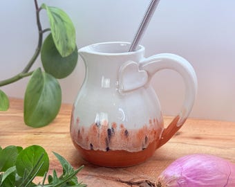 10oz Handmade Ceramic Salad Dressing Bottle with Whisk, Pottery Pourer, Oil Cruet, Unique Kitchen Gift, Heart Detail