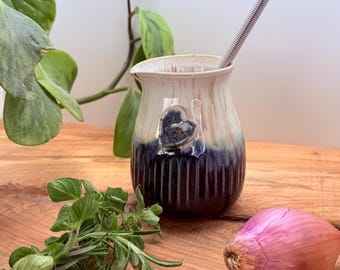 10 oz Handmade Ceramic Salad Dressing Bottle with Whisk, Pottery Pourer, Oil Cruet, Unique Kitchen Gift, Heart Detail