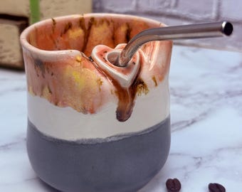 8oz Handmade Ceramic Heart Straw (straw included) Tumbler Wheel Thrown & Hand Carved Coffee Tea Cup - Sustainable HT Pottery Studio Gift