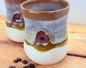 Set of Two 12oz Handmade Ceramic Tumblers - wine sipper Wheel Thrown & Hand Carved Coffee Tea Cup Sustainable HT Pottery Studio Gift For Her