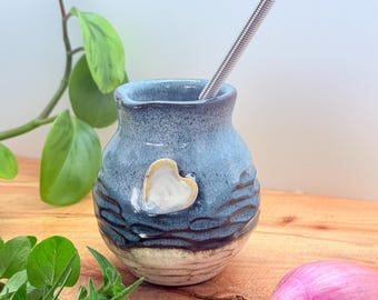 10oz Handmade Ceramic Salad Dressing Bottle with Whisk, Pottery Pourer, Oil Cruet, Unique Kitchen Gift, Heart Detail