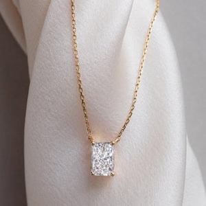 Radiant Cut Lab Grown Diamond Necklace Chain, 14K Gold Wedding Necklace Set, Solitaire Pendnat With Chain, Gift for Women