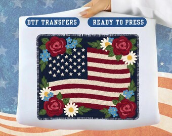 Floral American Flag DTF Transfer Embroidery Style Rose Daisy Ready to Press Patriotic Decal