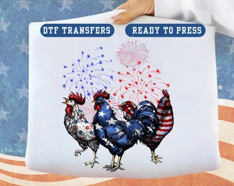 Patriotic Chickens DTF Transfer, USA Flag, 4th of July Shirt Decal