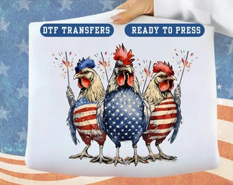 Patriotic Chicken Crew DTF Transfer: 4th of July Farmhouse Ready to Press