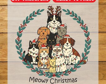 Meowy Christmas Cat Family DTF Transfer, Christmas Iron On Transfer, Ready To Press Design
