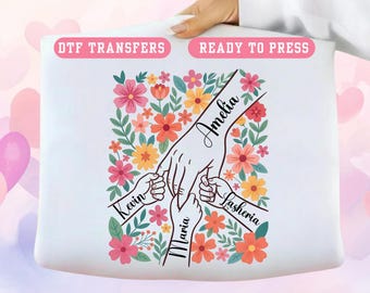 Custom Motherhood Hands DTF Transfer Personalized Kids Names Floral Mother's Day Iron on Decal
