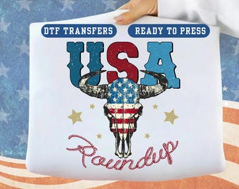 USA Roundup DTF Transfer Western Bull Skull Patriotic Iron on Ready to Press Decal