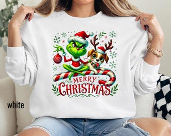 Grinch and Dog Christmas Sweatshirt, Funny Holiday Graphic Tee