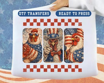 Patriotic Chicken Soldier DTF Transfer, USA Flag, 4th of July Shirt Decal
