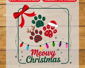 Meowy Christmas Paw Print DTF Transfer, Christmas Iron On Transfer, Ready To Press Design