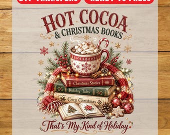Hot Cocoa Christmas Books DTF Transfer, Christmas Iron On Transfer, Ready To Press Design