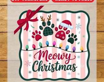Meowy Christmas Paw Print DTF Transfer, Christmas Iron On Transfer, Ready To Press Design