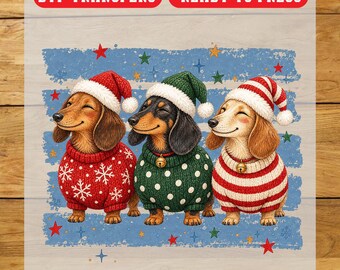 Christmas Dachshund Trio DTF Transfer, Christmas Iron On Transfer, Ready To Press Design