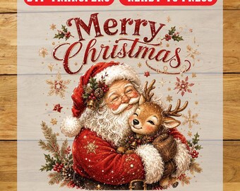Santa Hugging Reindeer DTF Transfer, Christmas Iron On Transfer, Ready To Press Design