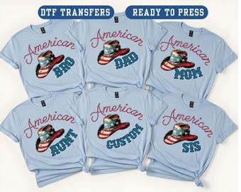 Custom Name American Family Matching Cowboy Hat DTF Transfer Personalized Patriotic Western Ready to Press
