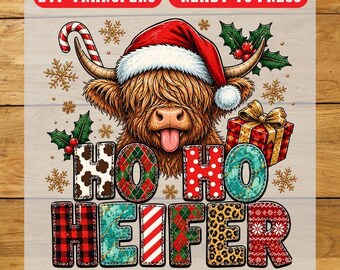 Ho Ho Ho Highland Cow DTF Transfer, Christmas Iron On Transfer, Ready To Press Design