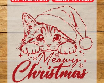 Meowy Christmas Santa Cat DTF Transfer, Christmas Iron On Transfer, Ready To Press Design