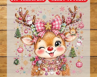 Pink Christmas Reindeer DTF Transfer, Christmas Iron On Transfer, Ready To Press Design