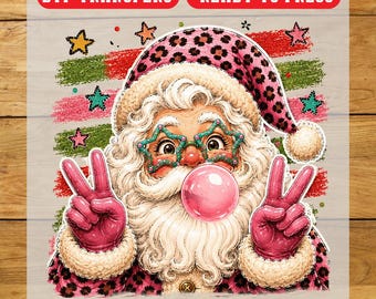 Pink Santa Peace Sign DTF Transfer, Christmas Iron On Transfer, Ready To Press Design