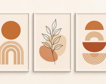 Boho Neutral Wall Art Printable Set of 3 | Abstract Sun, Botanical Line Art & Mid-Century Shapes