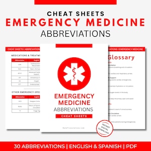 Peut inclure: Fiches de triche sur les abréviations de médecine d'urgence. L'image présente un design rouge et blanc avec les mots "Abréviations de médecine d'urgence" et un symbole médical. Les fiches comprennent un glossaire et une liste d'abréviations.