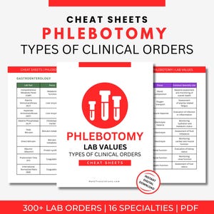 Peut inclure: Téléchargement numérique de fiches de triche de phlébotomie. L'image présente trois feuilles blanches avec des accents rouges. Les feuilles contiennent des informations sur les valeurs de laboratoire et les ordonnances cliniques, avec le texte "Phlébotomie" et "Fiches de triche". L'image comprend également le texte "Téléchargement numérique instantané."