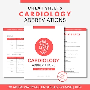 Puede incluir: Hojas de trucos de cardiología con abreviaturas y un glosario. El título "Cardiology Abbreviations" está en rojo y negro. Un círculo rojo con una ilustración de corazón está en el centro. El texto "Instant Digital Download" está en un círculo rosa.