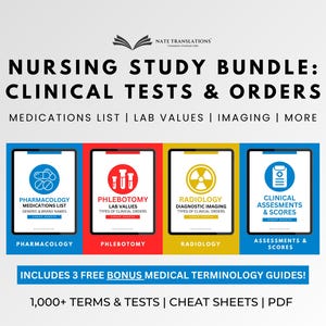 Lot d'études sur les soins infirmiers - Tests cliniques et ordonnances : pharmacologie, phlébotomie, imagerie diagnostique, aide-mémoire pour l'évaluation (PDF)