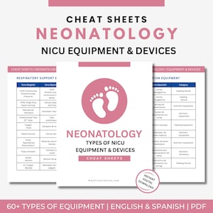 Może przedstawiać: Cyfrowe fiszki dla neonatologii, zawierające sprzęt i urządzenia oddziału intensywnej terapii noworodków. Różowo-biały design zawiera grafikę stópek dziecka i tekst "Natychmiastowe pobieranie cyfrowe".