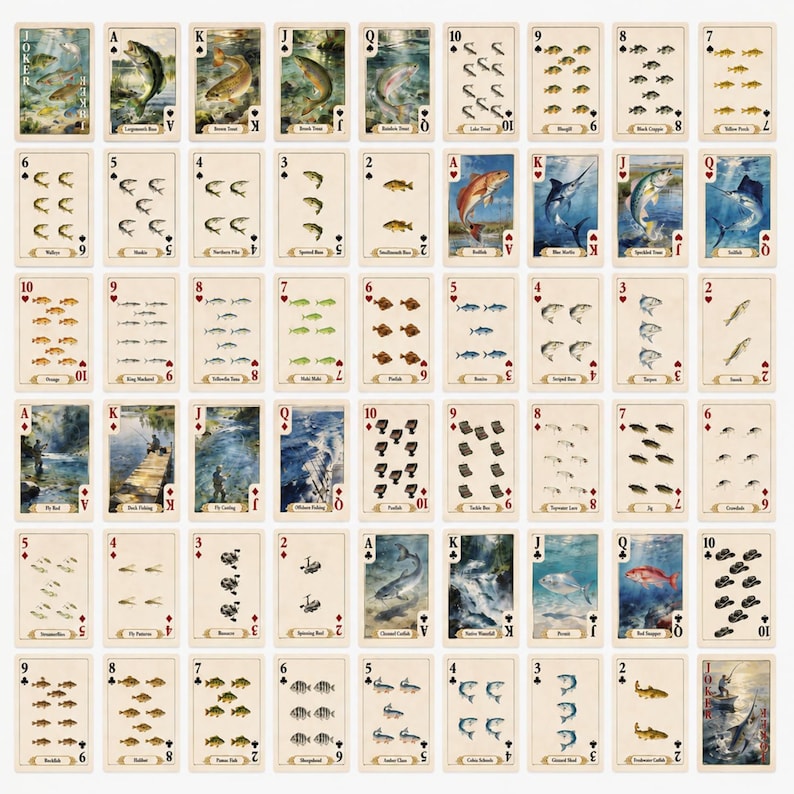 Card Suites Ranking Fishing Playing Cards – Angler & Fish Species Illustrated Card Deck ...