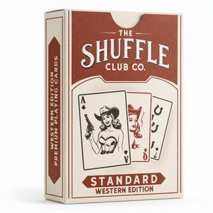 May include: A deck of playing cards titled "The Shuffle Club Co." The box is cream-colored with a brown top and accents. The front features three playing cards with Western-themed illustrations. The text "Western Edition Premium Playing Cards" is on the side.