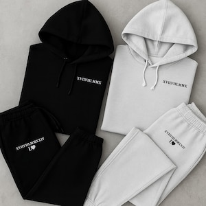 Couple Matching Hoodie and Joggers, Custom Tracksuit for Bride Groom, Roman Date Embroidery Set, Matching Couple Gift, Wife Anniversary Gift