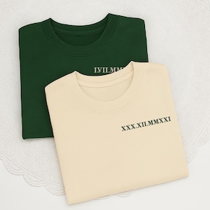 Personalised Couple Matching T-Shirts, Custom Roman Numerals Embroidered His and Hers Tees, Newly Engaged Gift, Anniversary Gift for Husband