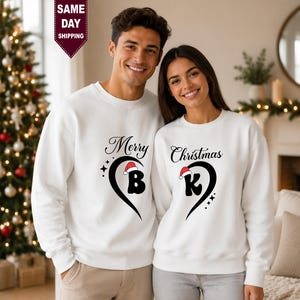 Couple Christmas Sweatshirt, Matching Family Sweater, Merry Xmas Couple Jumper, Custom Couple Name Initial Sweater, Wife Husband Xmas Gift