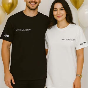 Embroidered Roman Numeral Matching T-Shirts, Couple Initials with Heart Sleeve Shirt, Personalised Wedding Date Couple Tees, Boyfriend Gift