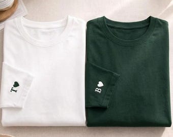 Custom Embroidered Initials on Sleeve T-Shirt, Personalised Couple Shirts, Matching Partner Hoodie, Special Date Gift, Gift for Loved Ones