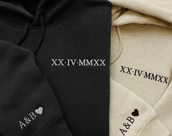 Roman Numeral Embroidered Matching Hoodie, Custom Initials With Heart Sleeve Jumper, Boyfriend Gift, Custom Anniversary Date Couple Hoodies