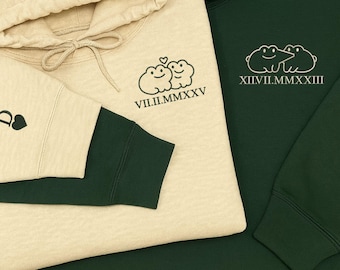 Custom Embroidered Frog Couple Hoodie, Matching Anniversary Gifts, Roman Numeral Hoody, Christmas Outfit for His Hers, Couple Initial Hoodie