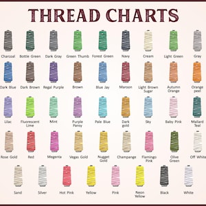 May include: A thread color chart featuring rows of illustrated thread spools in various colors, each labeled with names like Charcoal, Bottle Green, Navy, Cream, Maroon, Orange Peel, Lilac, Mint, Vegas Gold, and Neon Yellow.