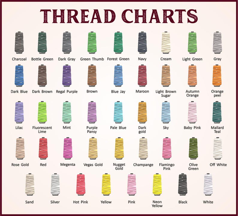 May include: A thread color chart featuring rows of illustrated thread spools in various colors, each labeled with names like Charcoal, Bottle Green, Navy, Cream, Maroon, Orange Peel, Lilac, Mint, Vegas Gold, and Neon Yellow.