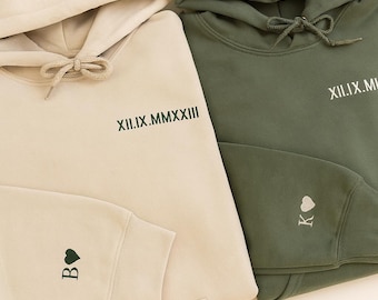 Individuell gestickter römische Ziffer Hoodie, Jahrestagsgeschenk für Brautpaare, Passende Paare Hoodie, Valentinsgrußgeschenk, Weihnachtsgeschenk für Ihn