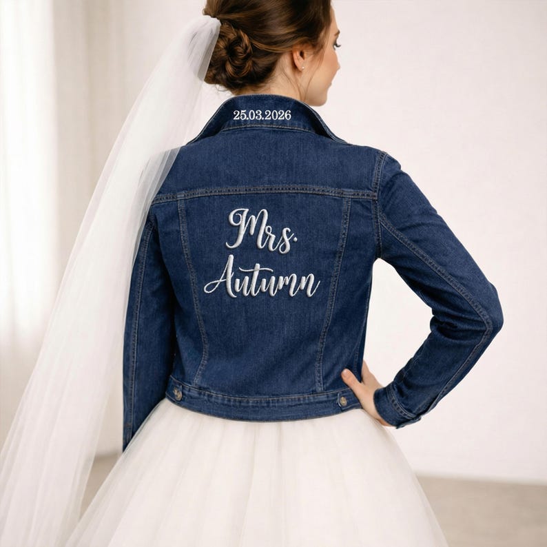 Personalised Bridal Denim Jacket, Custom Jean Jacket for Bride to Be, Embroidered Mrs Jean Jacket, Bachelorette Party Gifts, Wedding Jacket image 2