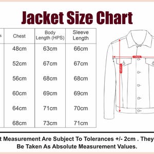 May include: A jacket size chart with measurements in centimeters. The chart includes chest, body length, and sleeve length for sizes XS to XXL. A line drawing of a jacket illustrates the measurement points. Text at the bottom states measurements are subject to tolerances.